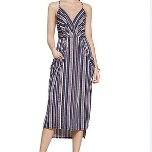 BCBGENERATION Stripe Faux Wrap Midi Dress Size Medium Multi color
